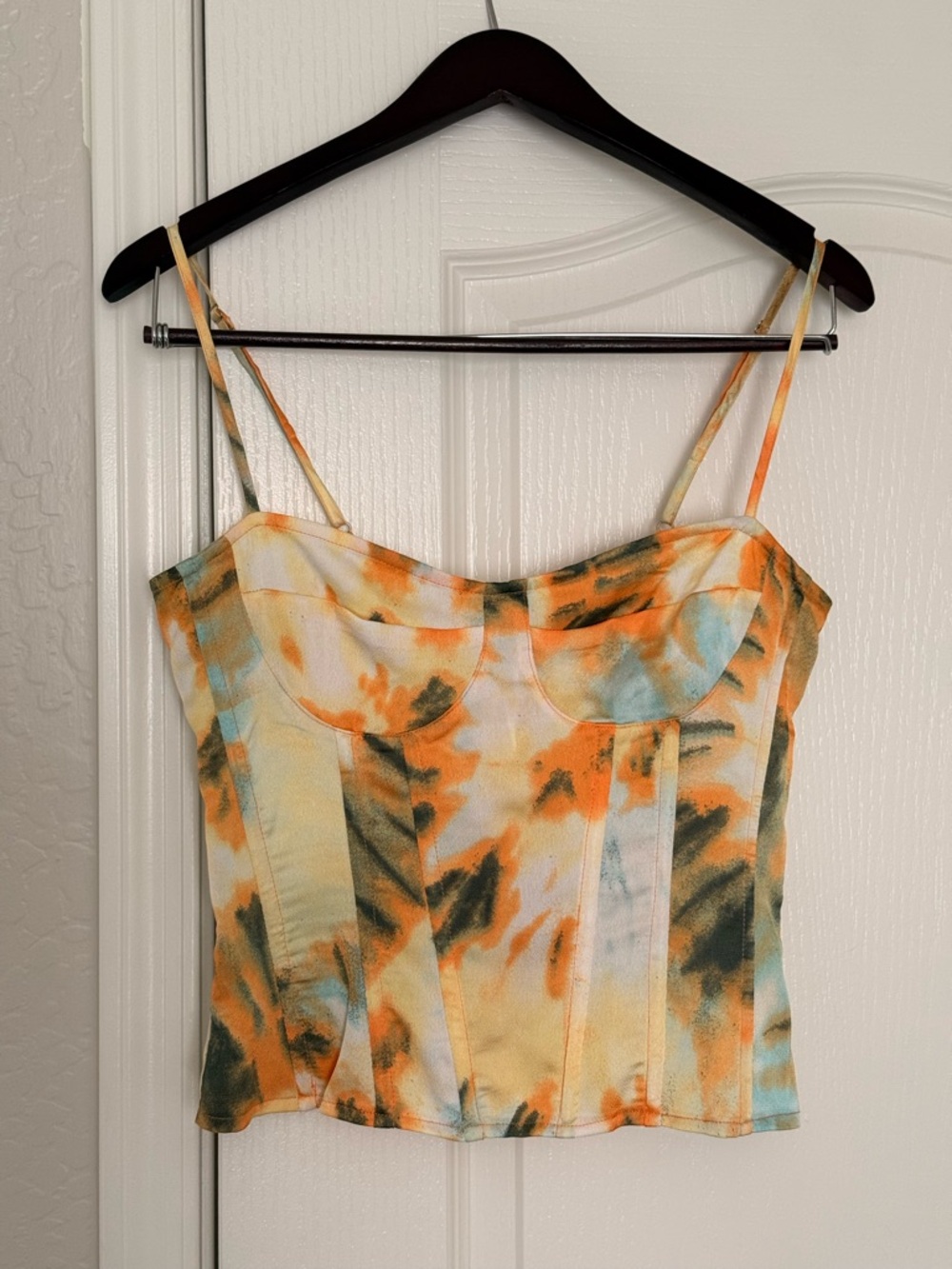 PrettyLittleThing Tie Dye Corset Top + Ruched Midi Skirt Set | Size 6 | Orange - Picture 4 of 9